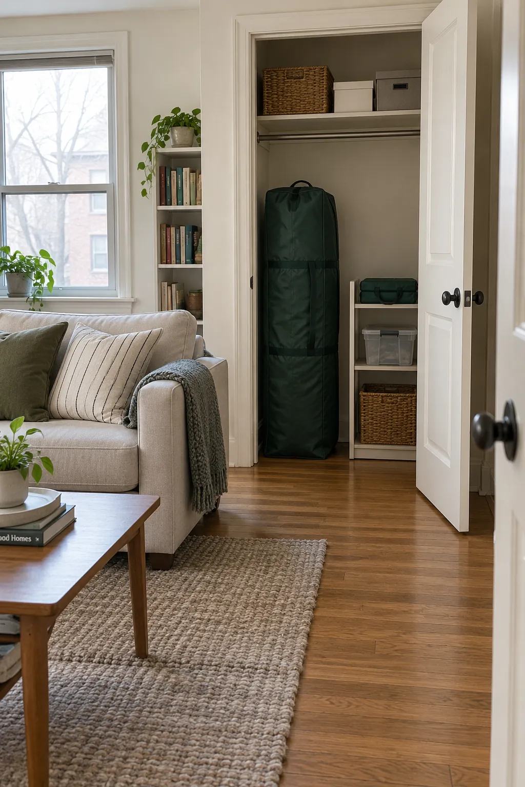 Packed artificial Christmas tree in a compact apartment closet