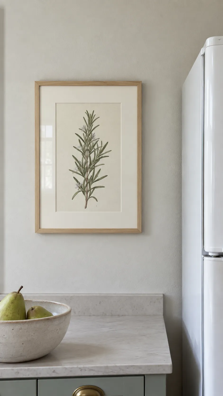 A single botanical print in a practical kitchen