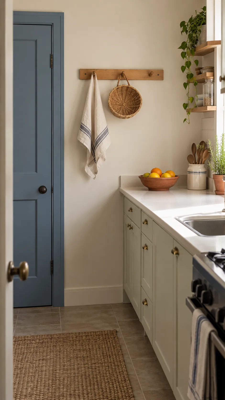 Simple useful kitchen wall decor with a peg rail and clear countertop