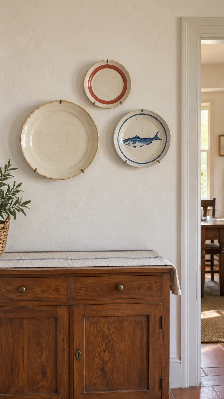 Decorative plates in a loose cluster in a practical kitchen