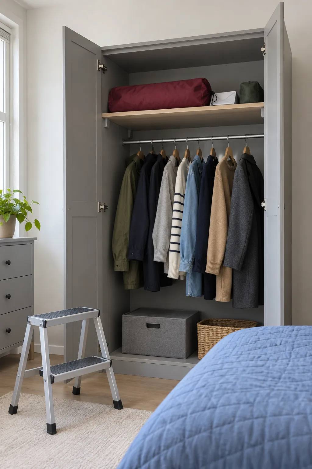 Compact tree bundle on a supported wardrobe shelf
