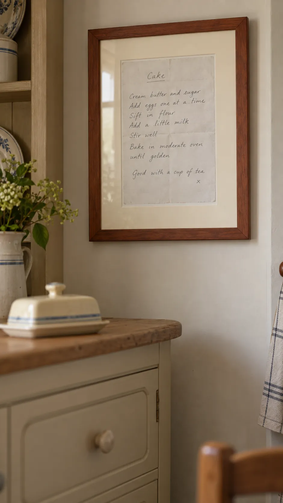 A framed handwritten recipe in a practical kitchen