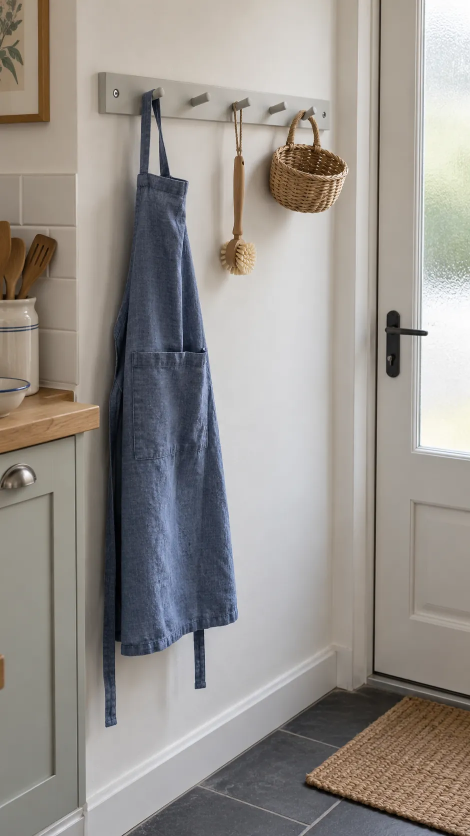 A peg rail for useful objects in a practical kitchen