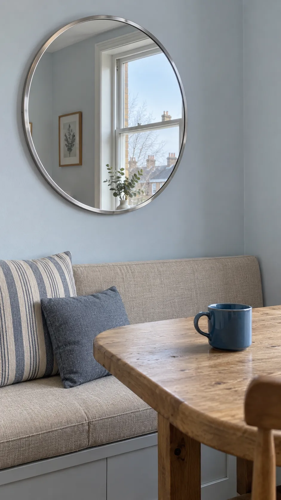 A round mirror near the dining nook in a practical kitchen