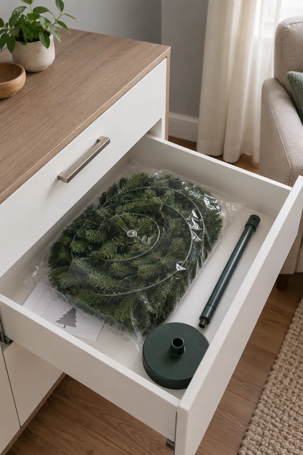 Collapsible tree and support pieces in a slim drawer
