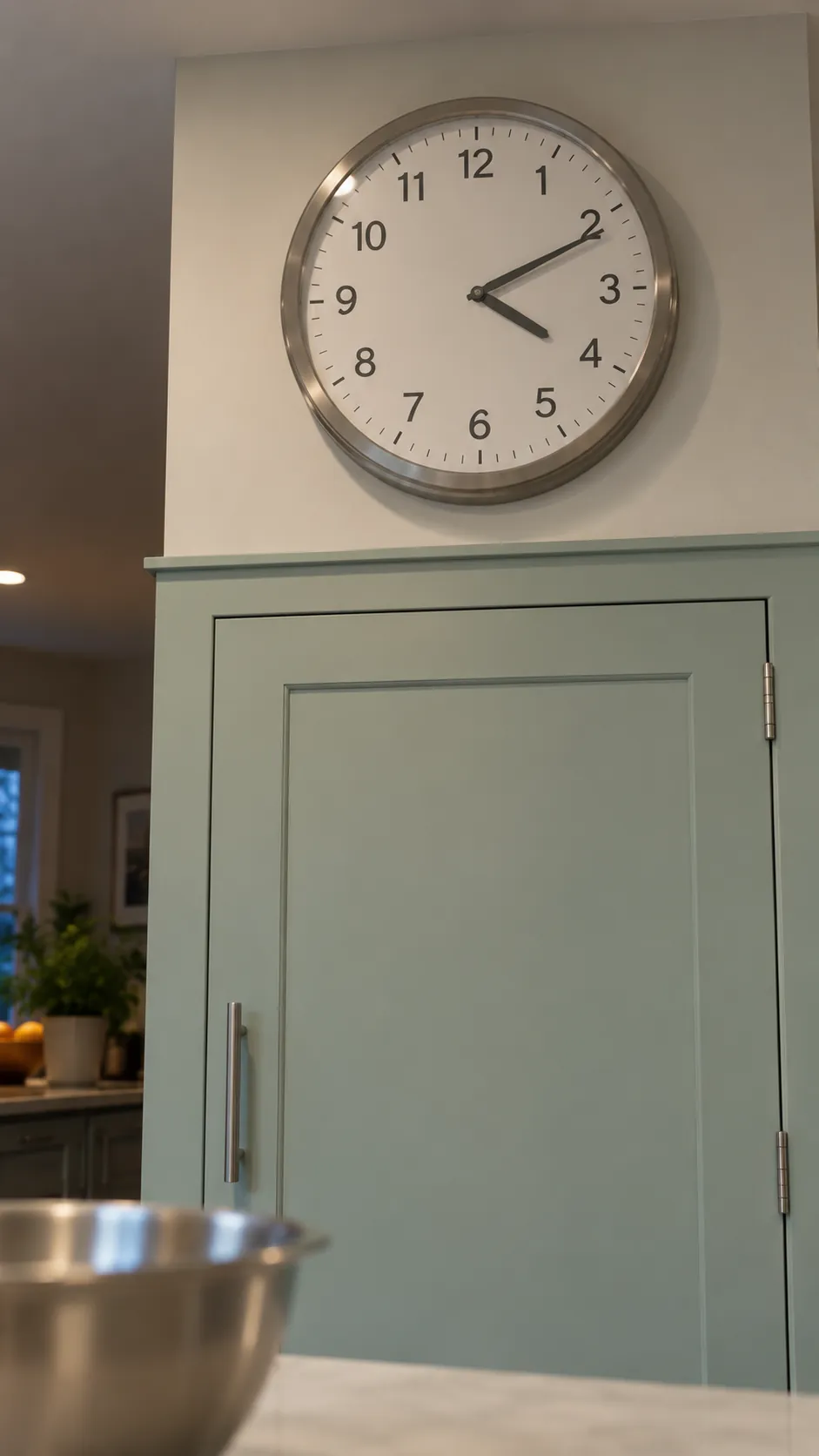 One oversized clock in a practical kitchen