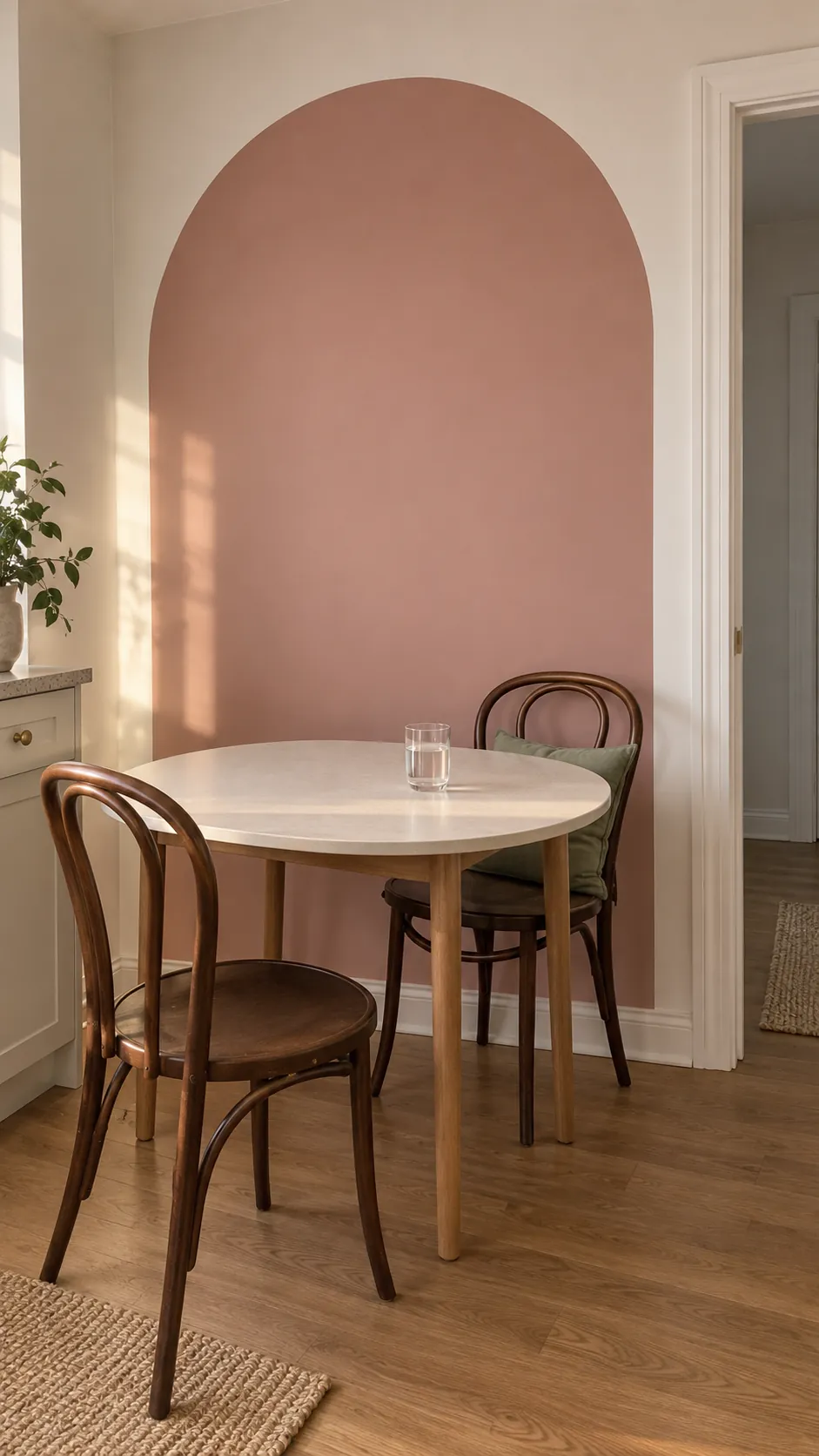 A painted arch behind the table in a practical kitchen
