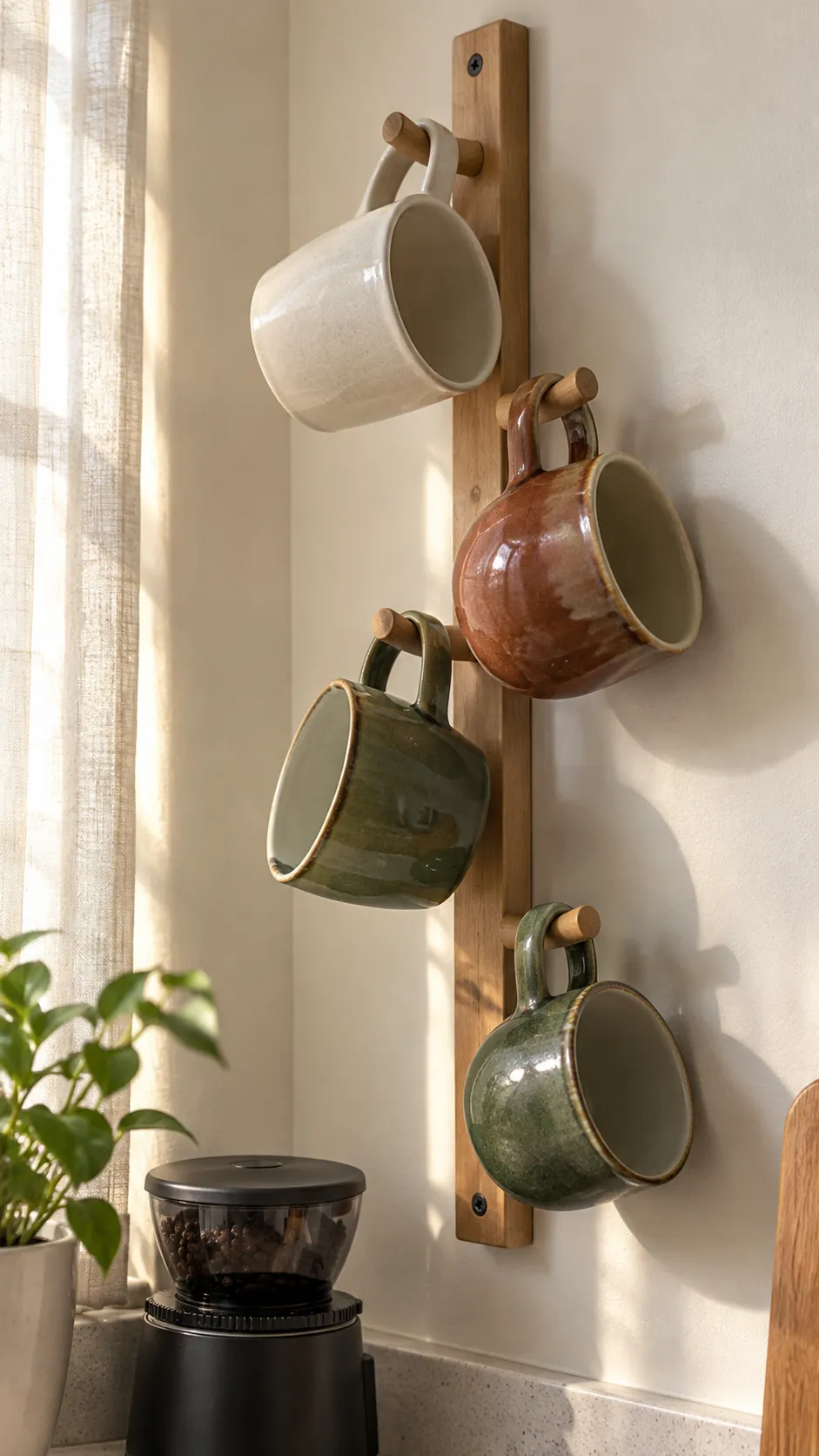 A narrow rack of favorite mugs in a practical kitchen