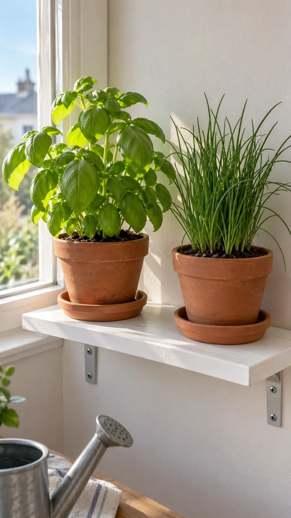 A small herb shelf by a bright window in a practical kitchen