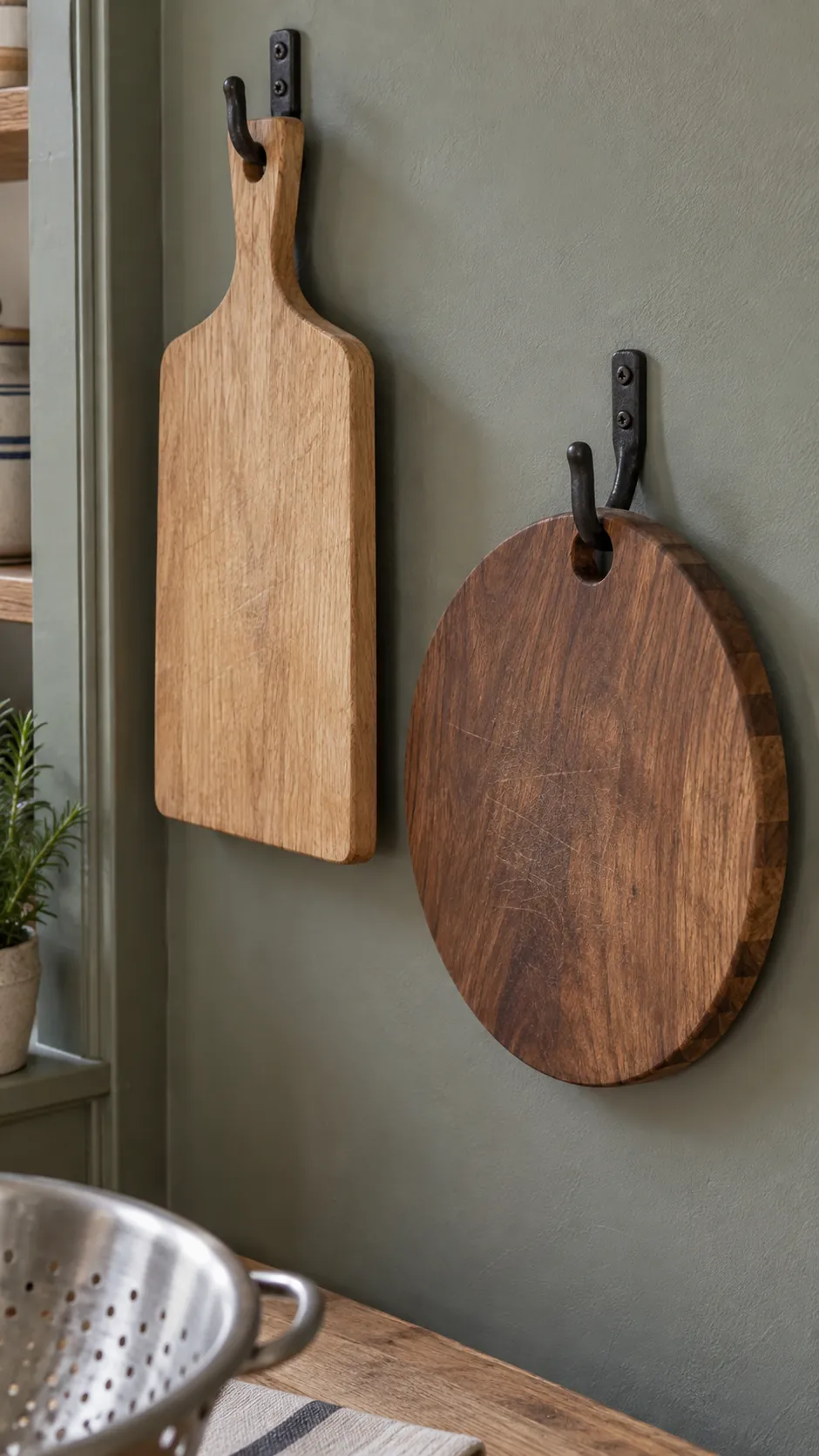 A short row of cutting boards in a practical kitchen