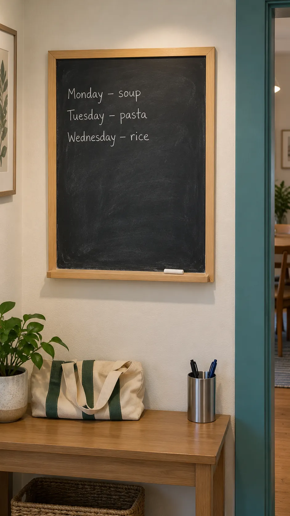 A compact chalkboard for the weekly plan in a practical kitchen