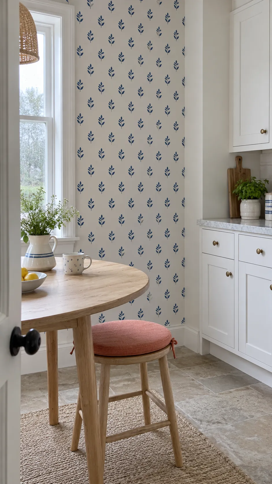 A restrained strip of patterned wallpaper in a practical kitchen