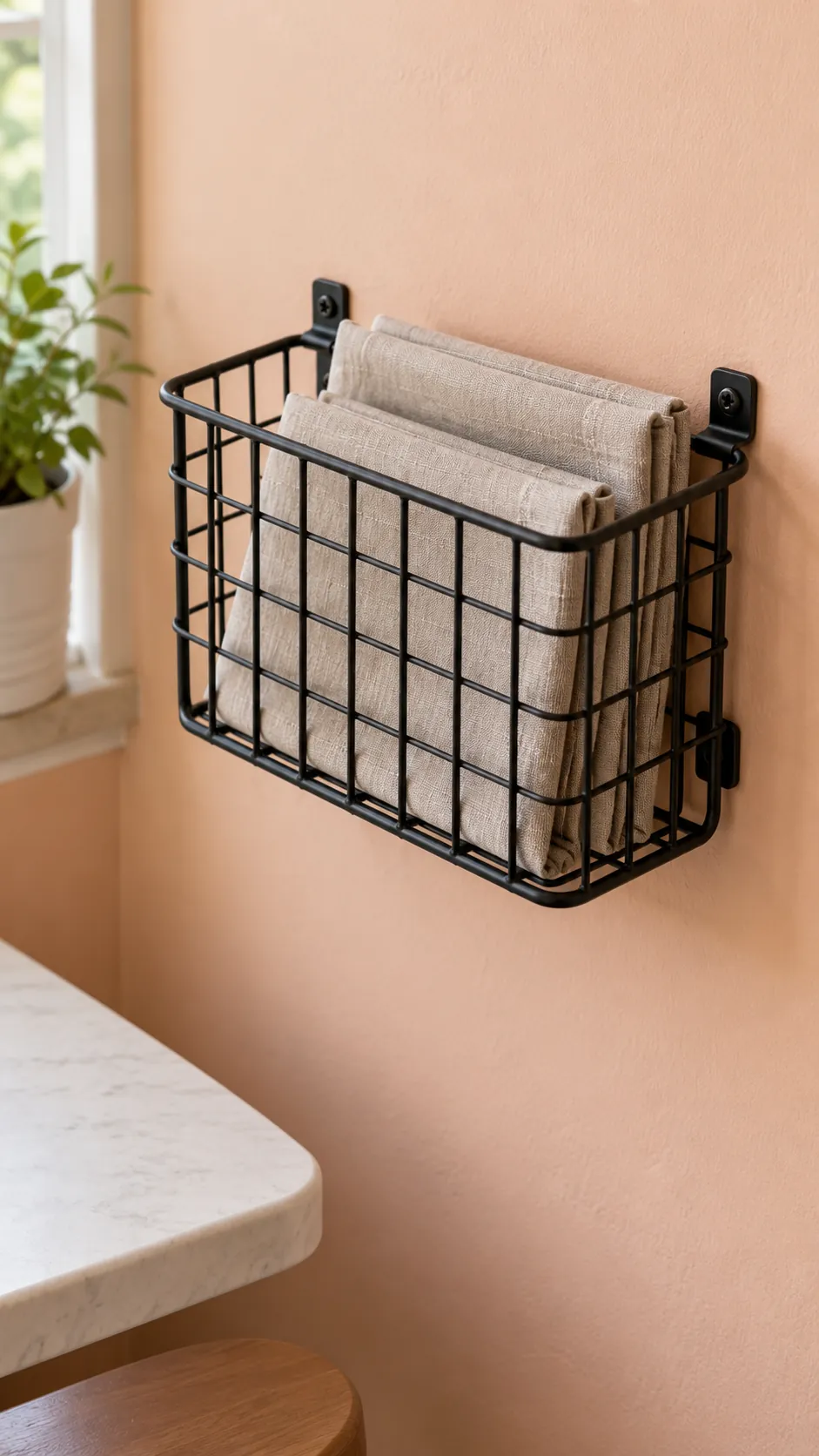 A wall mounted wire basket in a practical kitchen