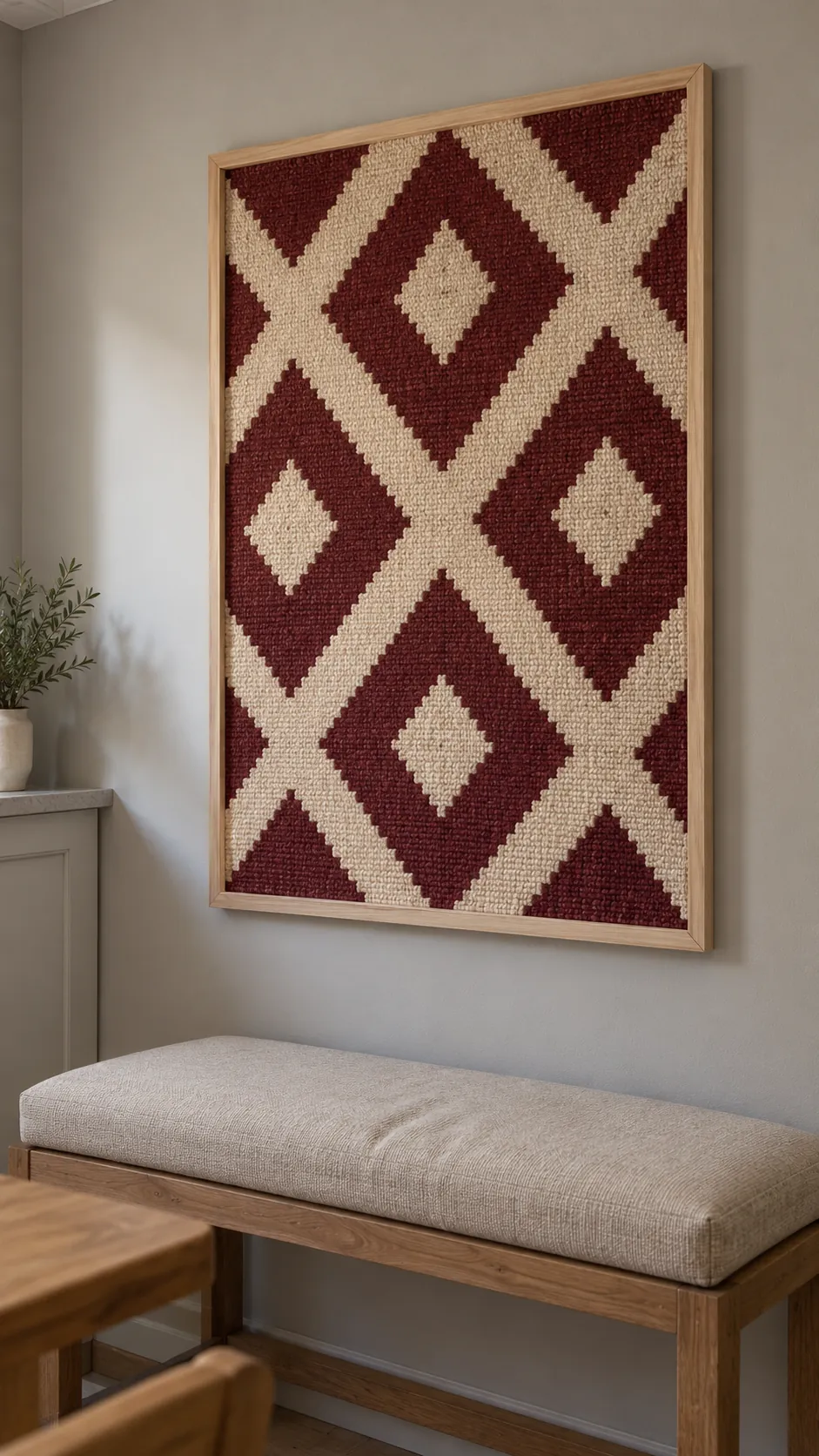 A fabric panel in the breakfast corner in a practical kitchen