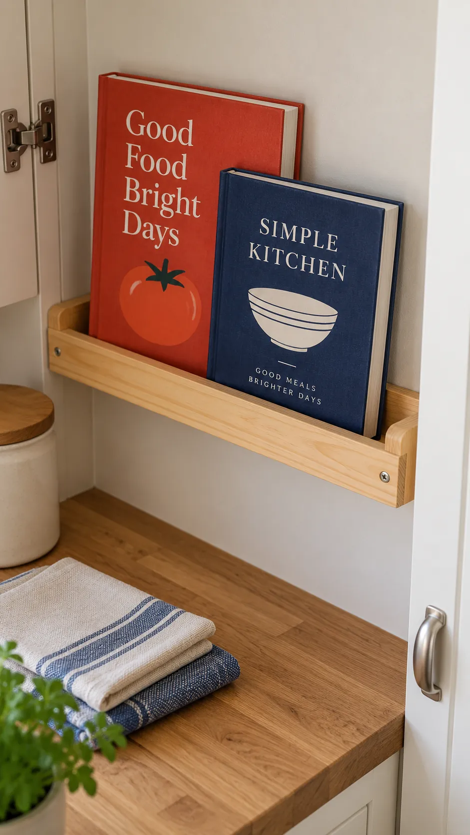 A single ledge for cookbooks in a practical kitchen
