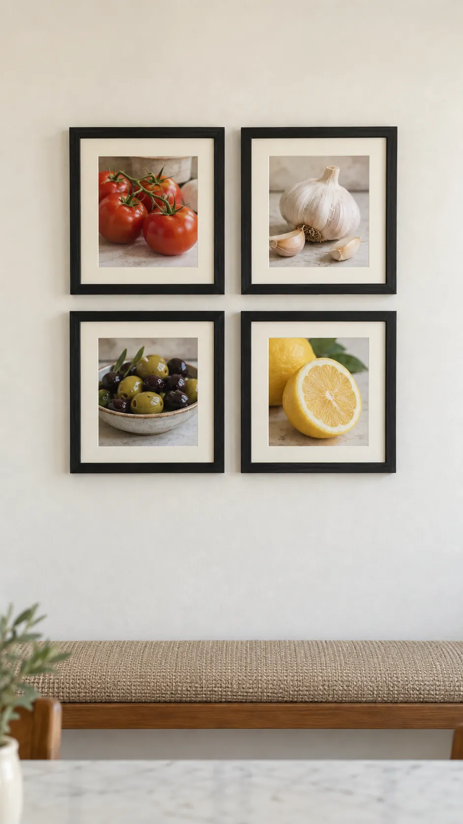 A clean grid of food photographs in a practical kitchen