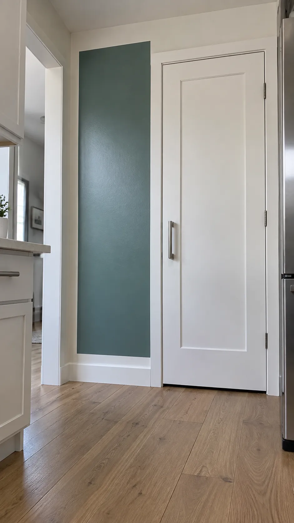 A washable color block on a narrow wall in a practical kitchen