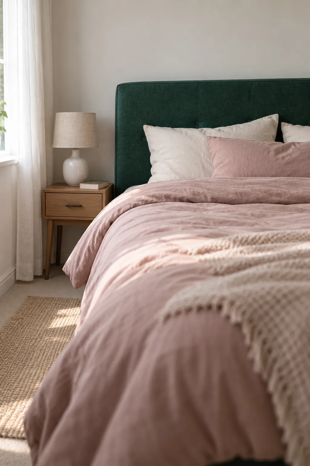 An emerald upholstered headboard behind muted blush bedding and cream pillows