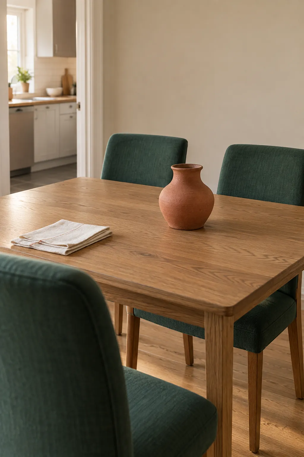 Emerald dining chairs around a modest oak table with one terracotta ceramic vase
