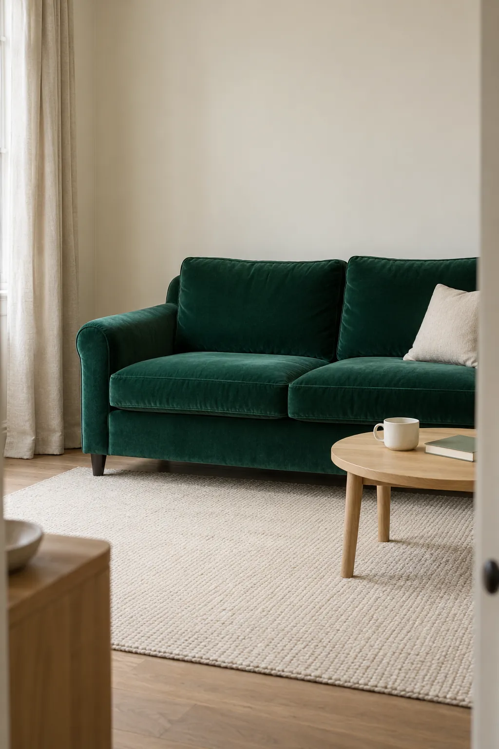 An emerald velvet sofa against cream walls with an oatmeal curtain and light wool rug