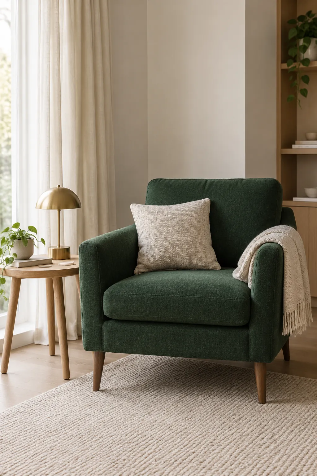 Emerald armchair with cream textiles and natural wood