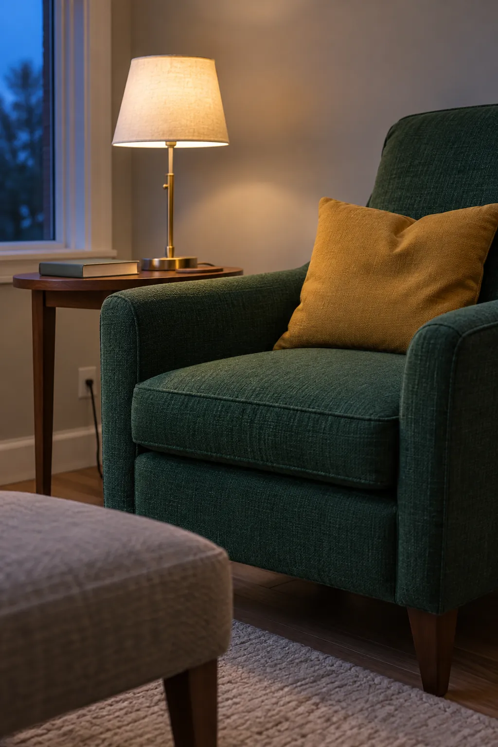 An emerald reading chair with one muted mustard cushion beside a small brass lamp