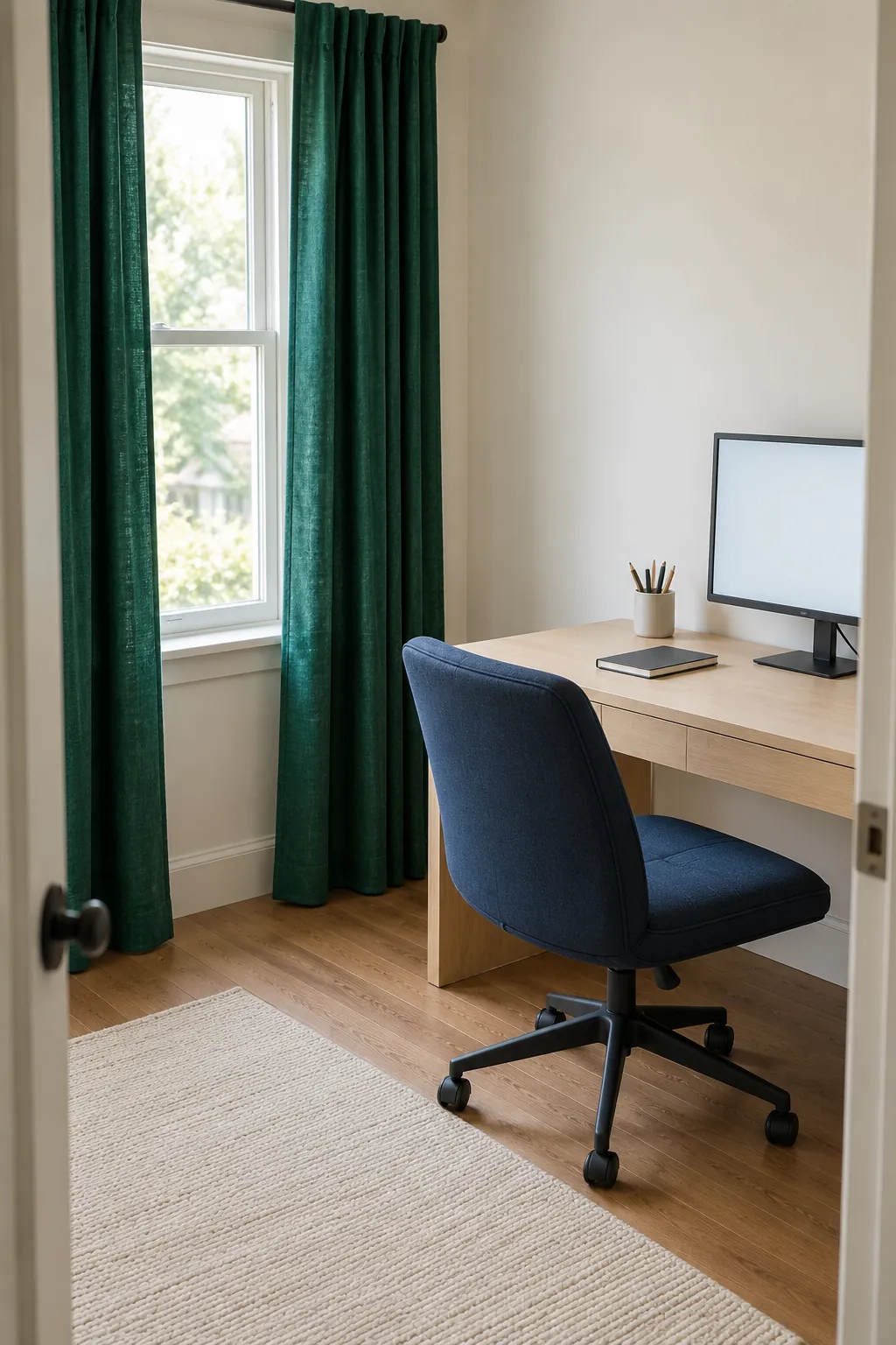 Emerald curtains beside a navy desk chair and cream wall in a small home office