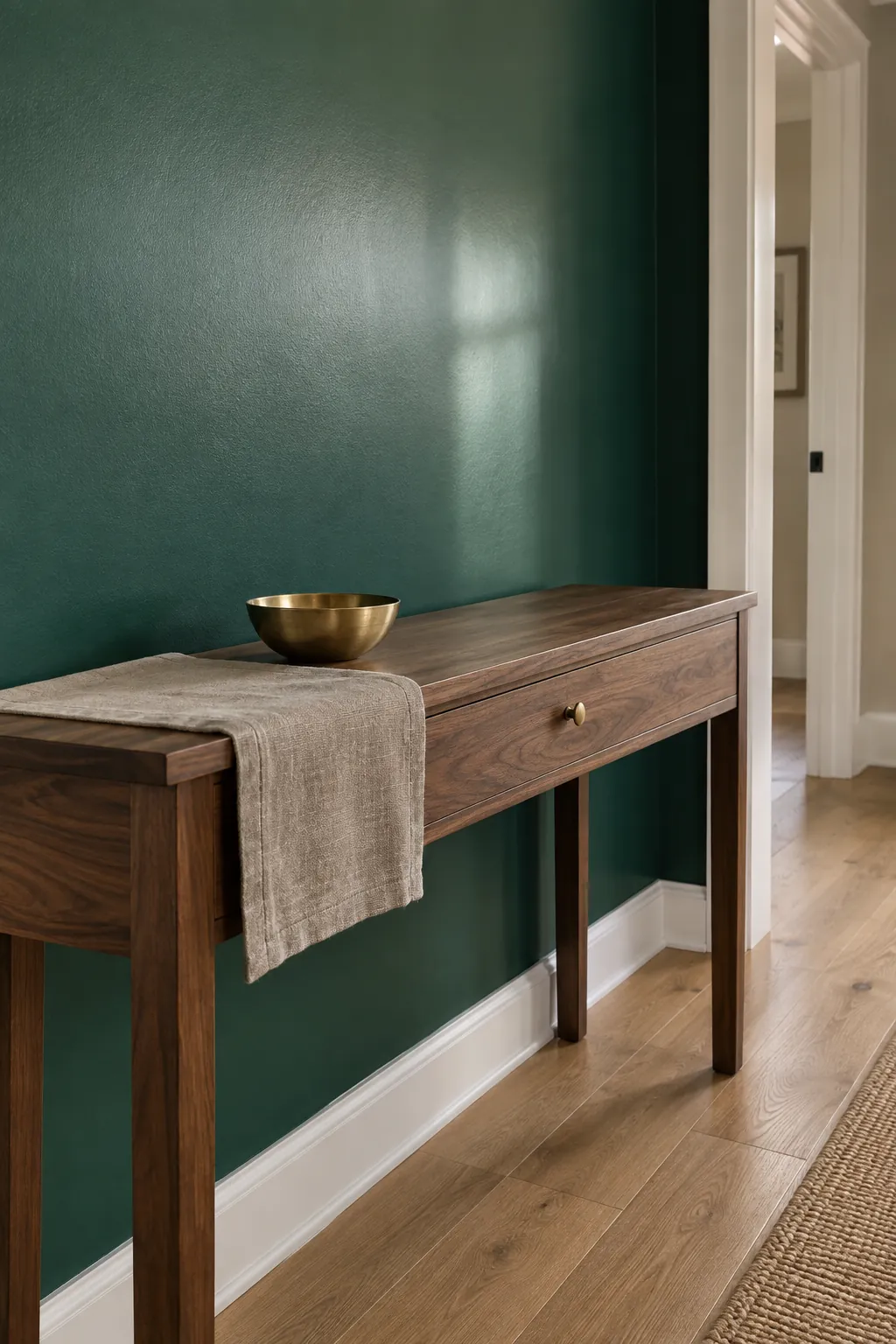 A walnut console against an emerald painted wall with taupe linen and a small brass bowl