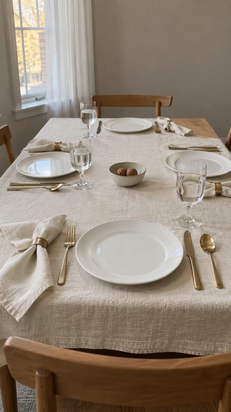 Thanksgiving tablescape featuring ivory linen with brushed gold flatware
