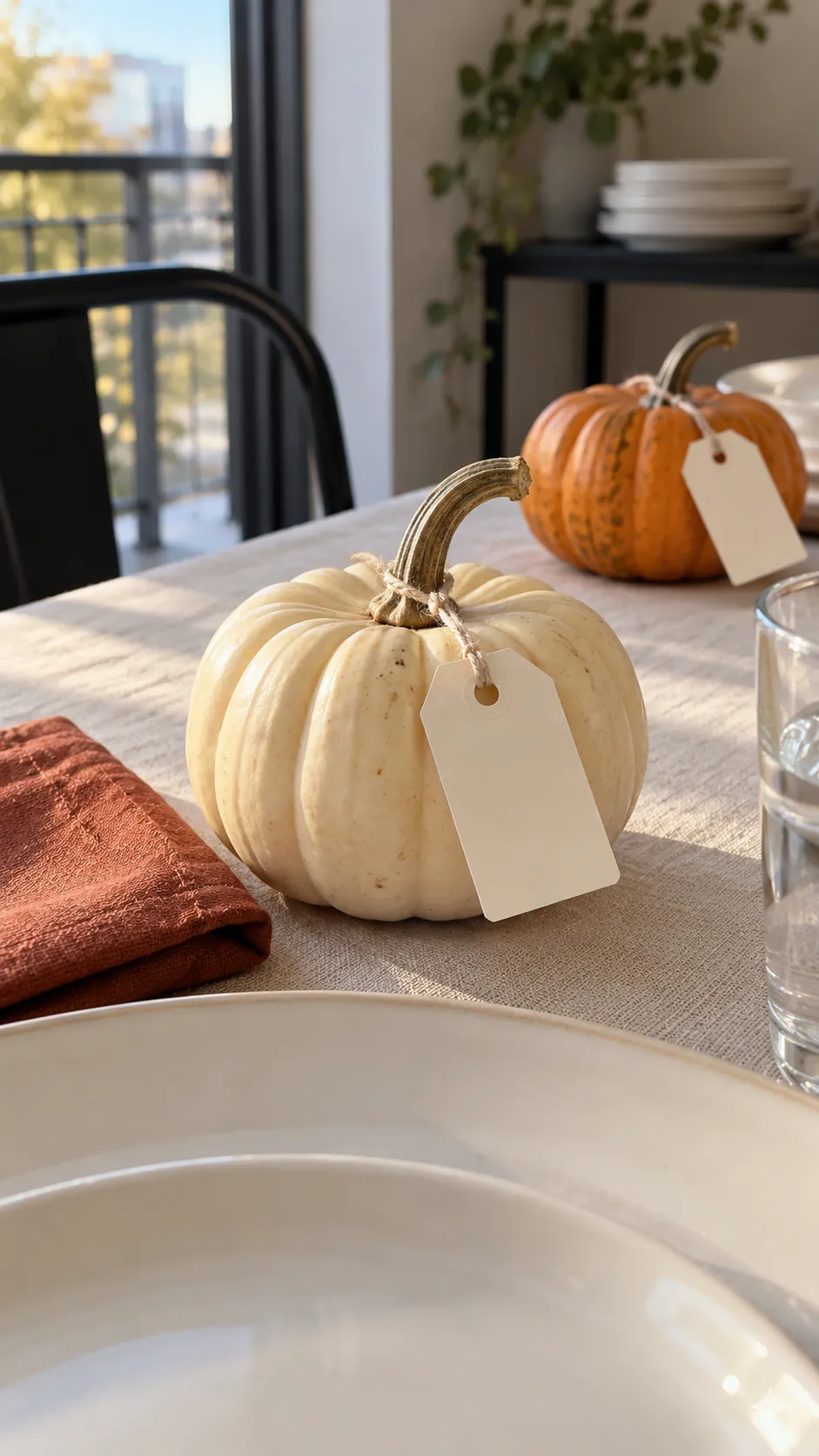 Thanksgiving tablescape featuring mini pumpkins with tied name tags