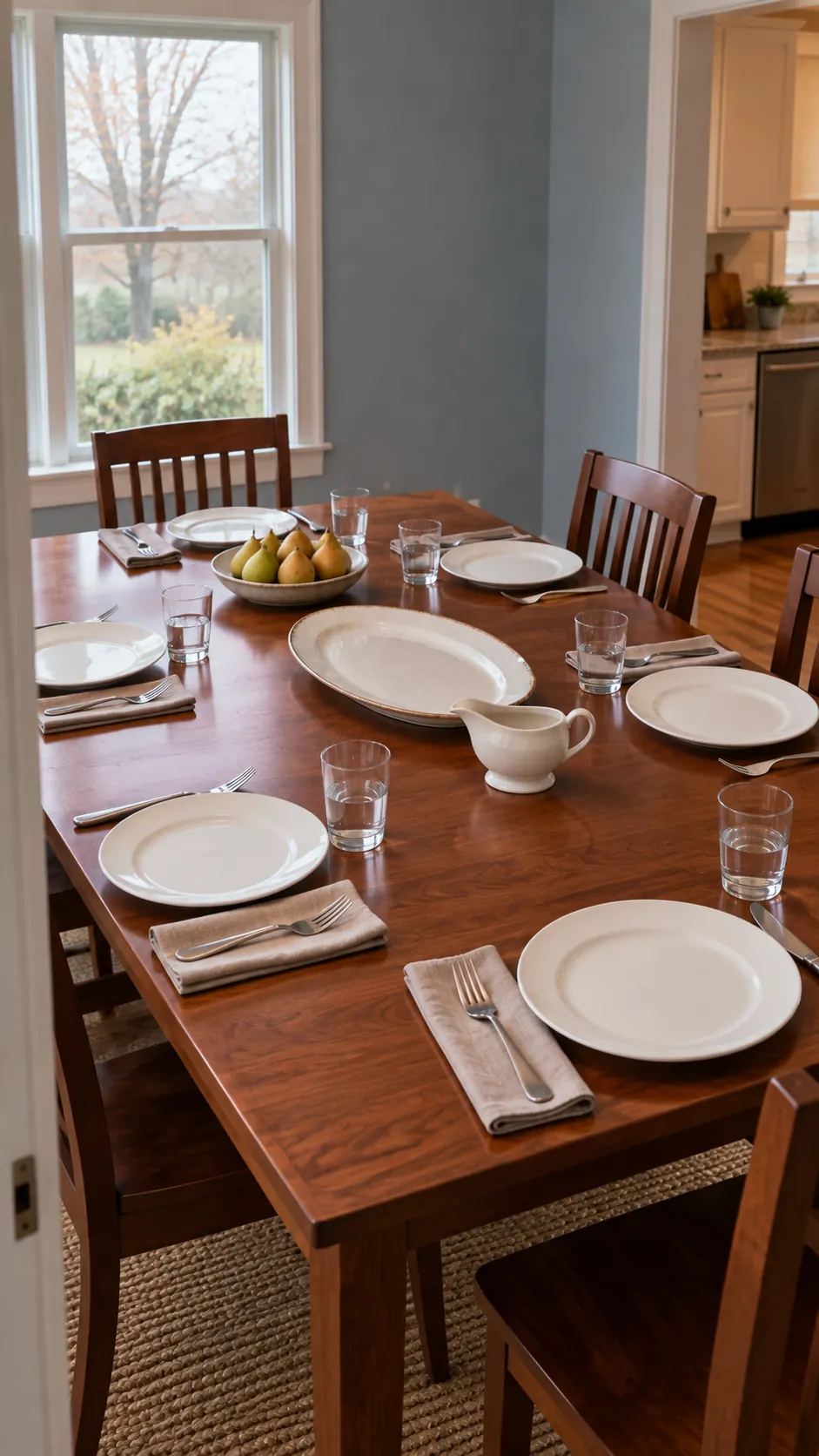 Thanksgiving dining table with a low harvest centerpiece and space for serving dishes