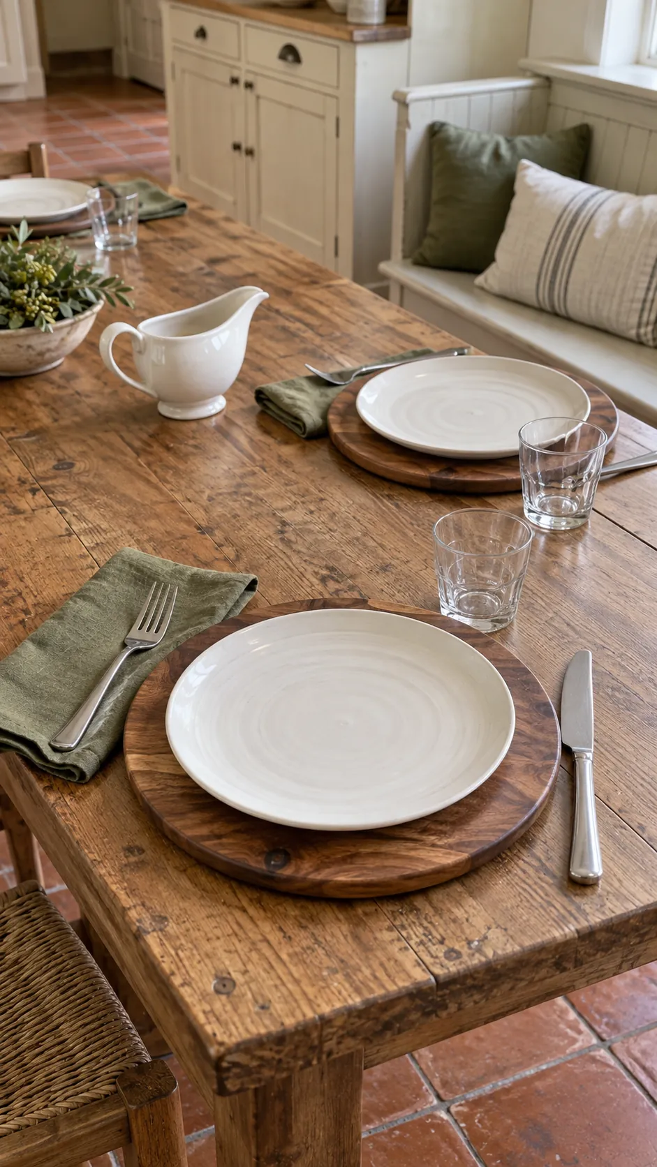 Thanksgiving tablescape featuring wooden chargers with olive napkins