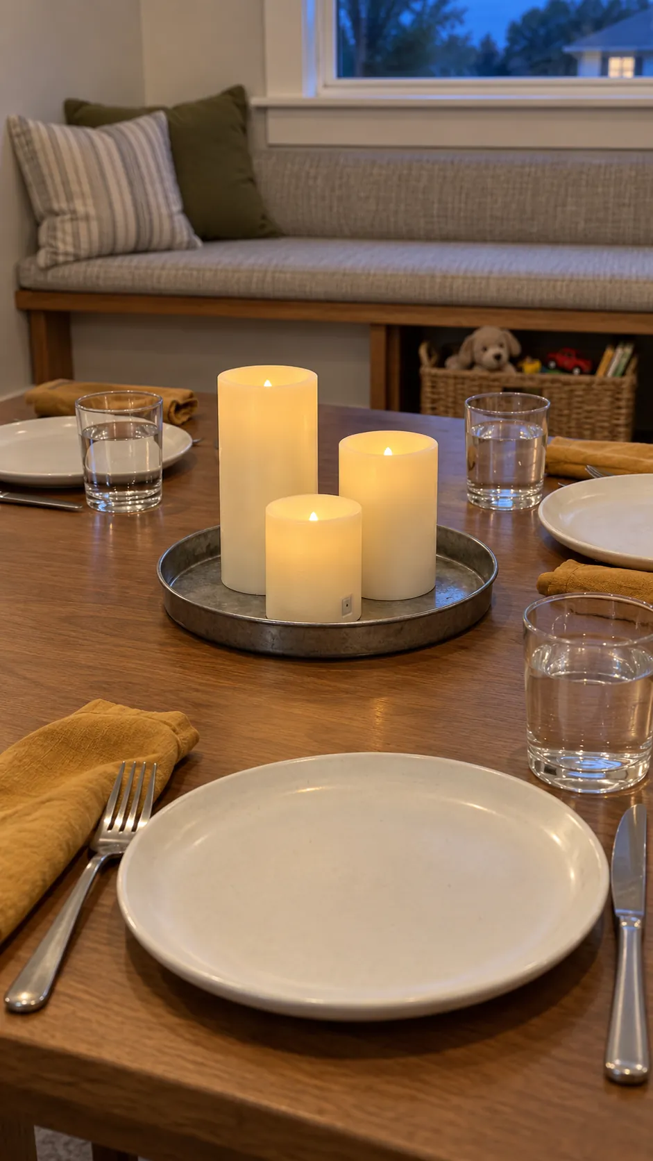 Thanksgiving tablescape featuring flameless candles at staggered heights