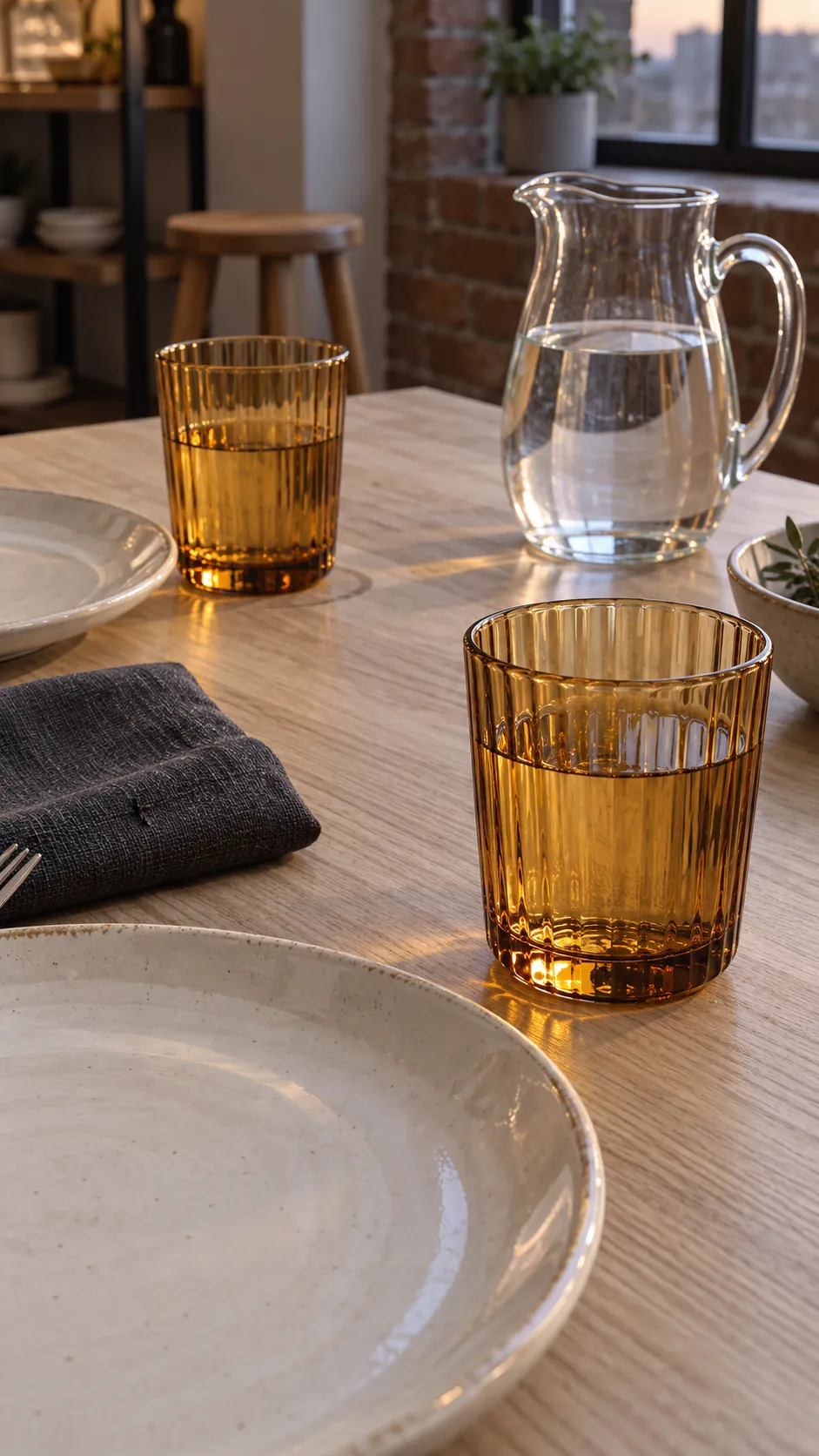 Thanksgiving tablescape featuring amber tumblers beside plain pottery
