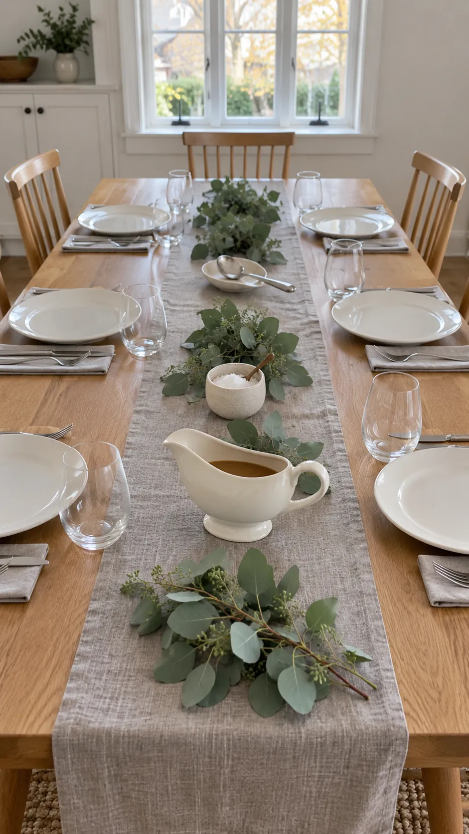 Thanksgiving tablescape featuring a narrow eucalyptus center line