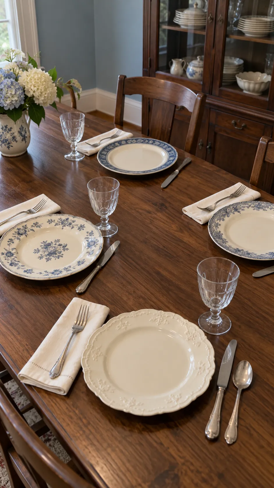 Thanksgiving tablescape featuring collected vintage plates in one color family