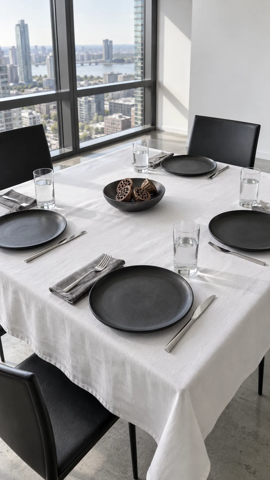 Thanksgiving tablescape featuring black stoneware on crisp white cotton