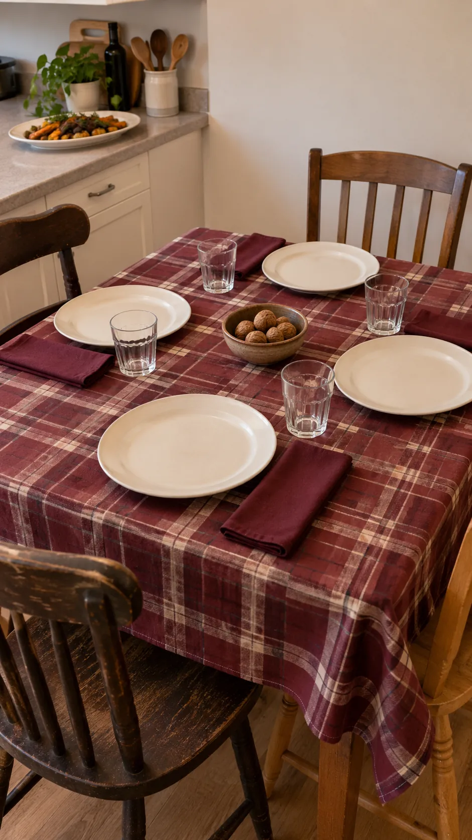 Thanksgiving tablescape featuring burgundy plaid for a casual friendsgiving