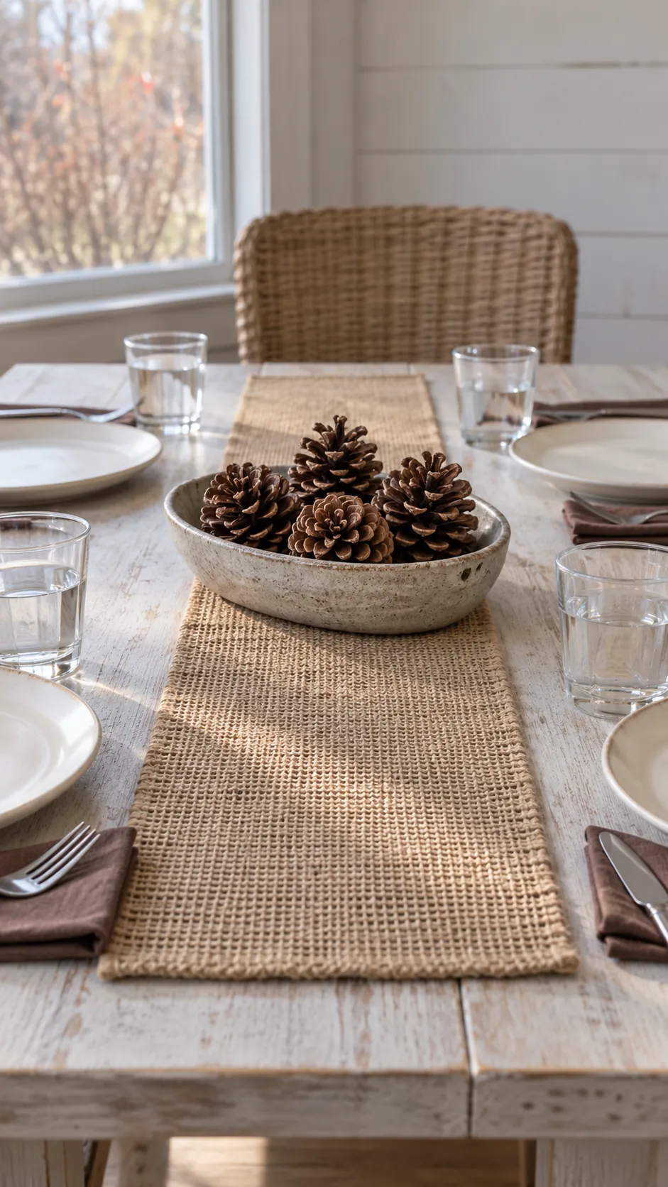 Thanksgiving tablescape featuring a burlap runner with contained pinecones
