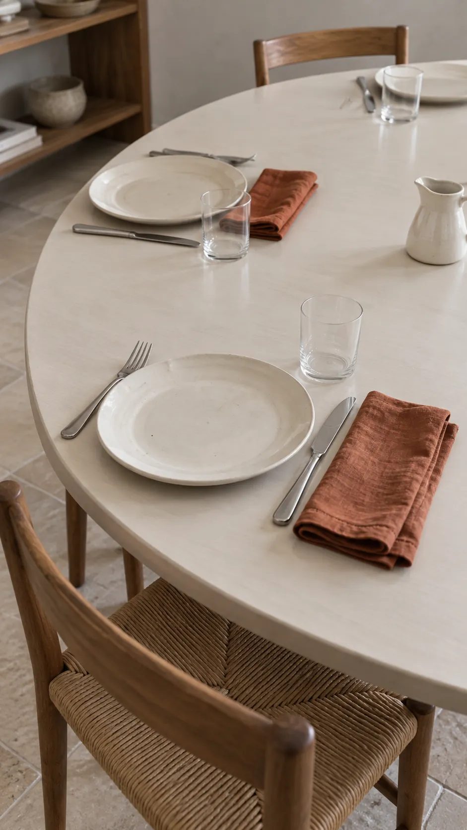 Thanksgiving tablescape featuring terracotta napkins with cream ceramics