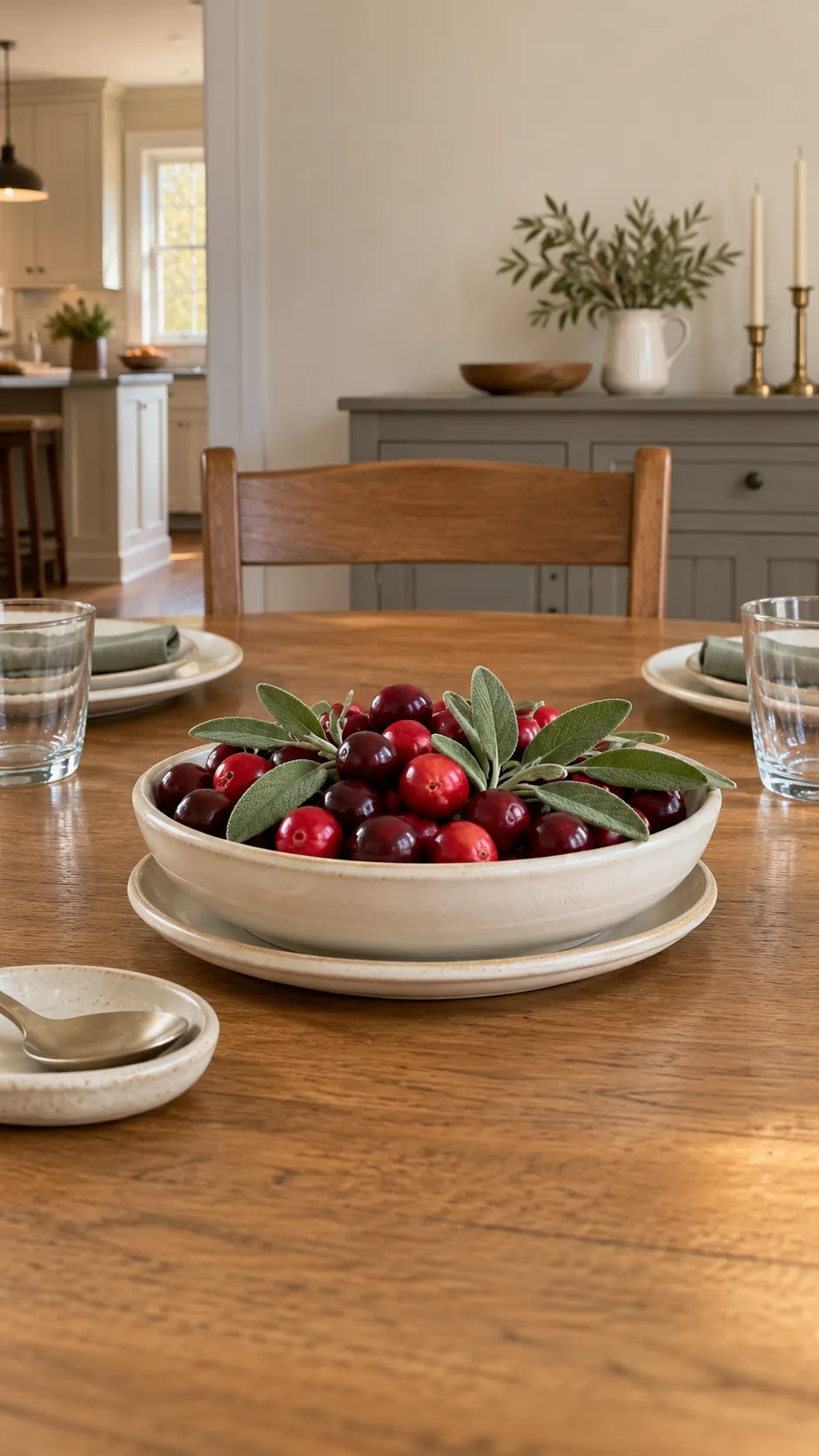 Thanksgiving tablescape featuring cranberries and sage in a shallow dish