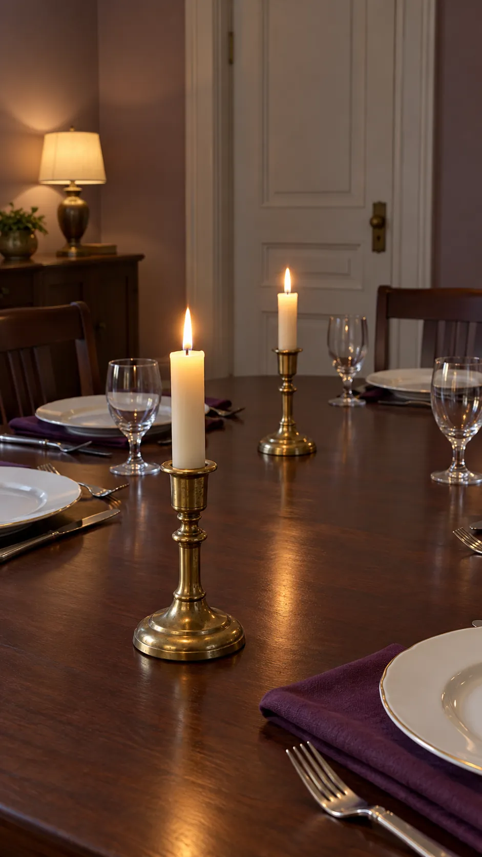 Thanksgiving tablescape featuring brass tapers with a clear safety zone