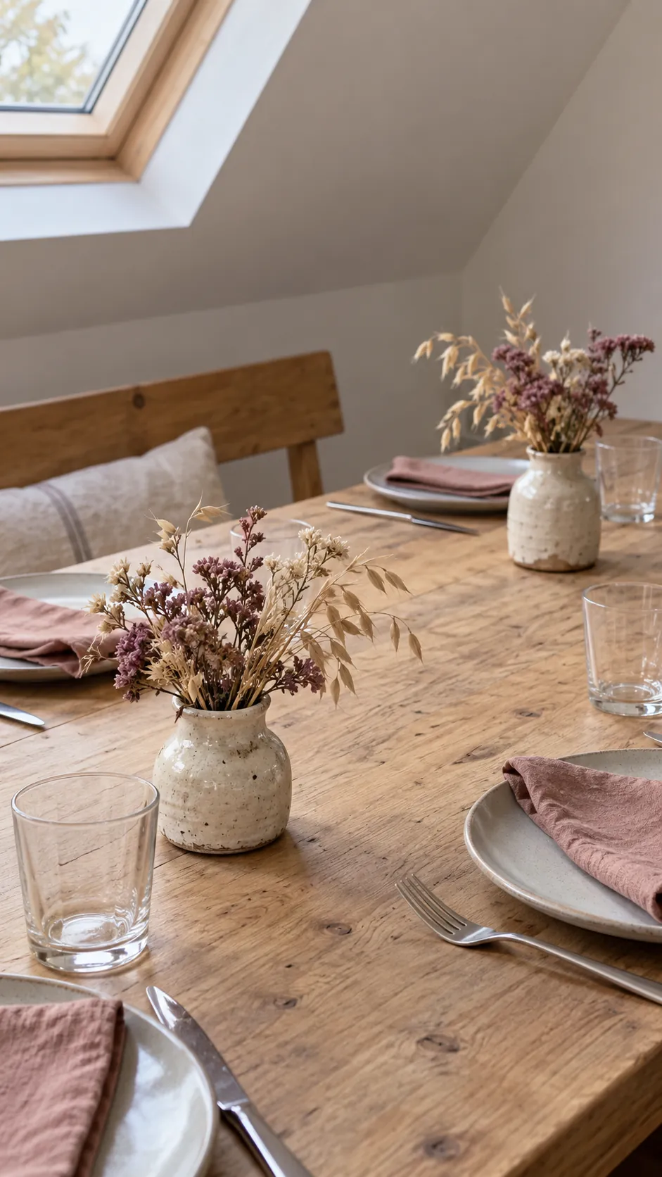 Thanksgiving tablescape featuring dried flowers in short stoneware vases