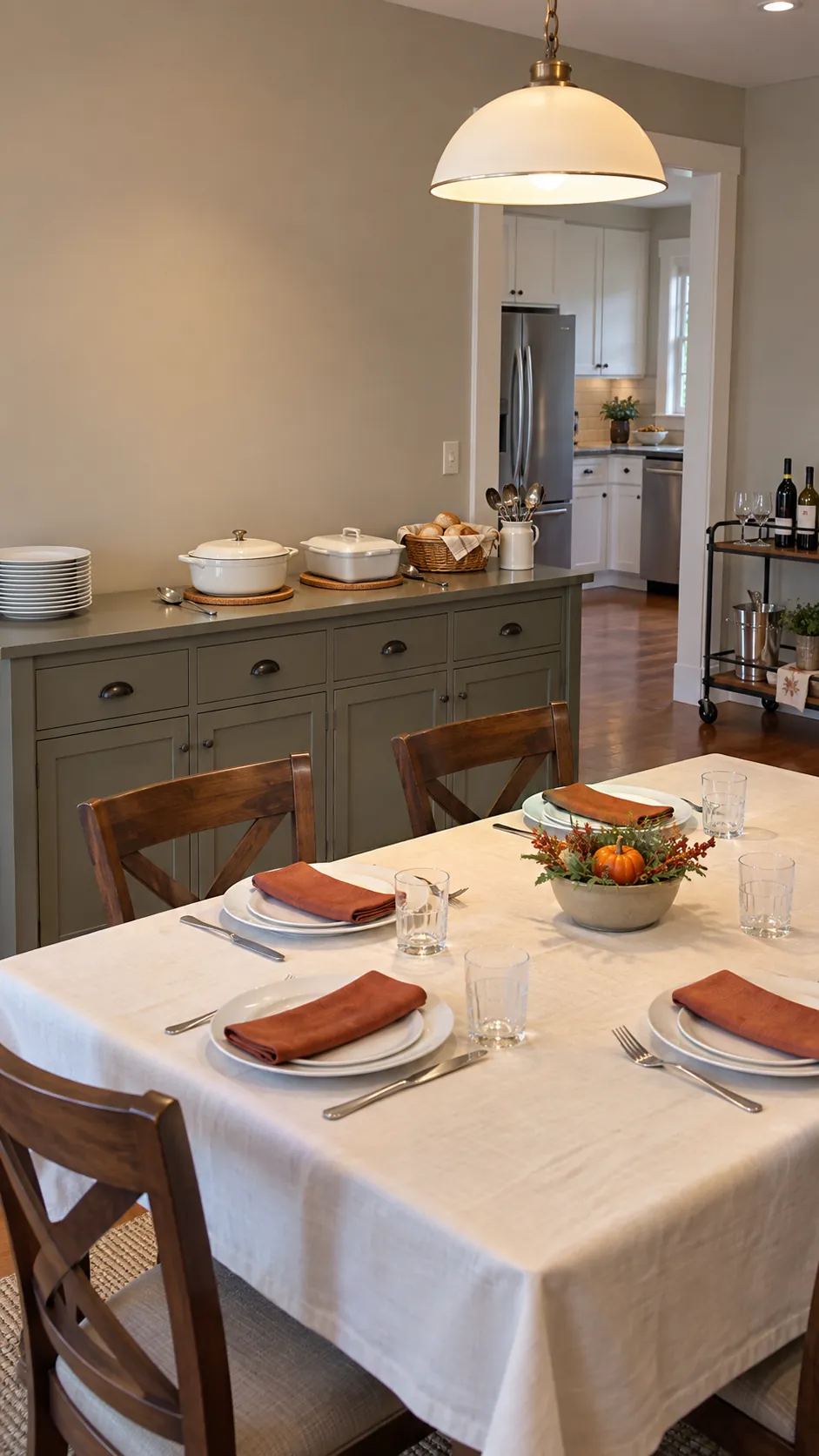Thanksgiving tablescape featuring a buffet sideboard with an uncluttered dining table