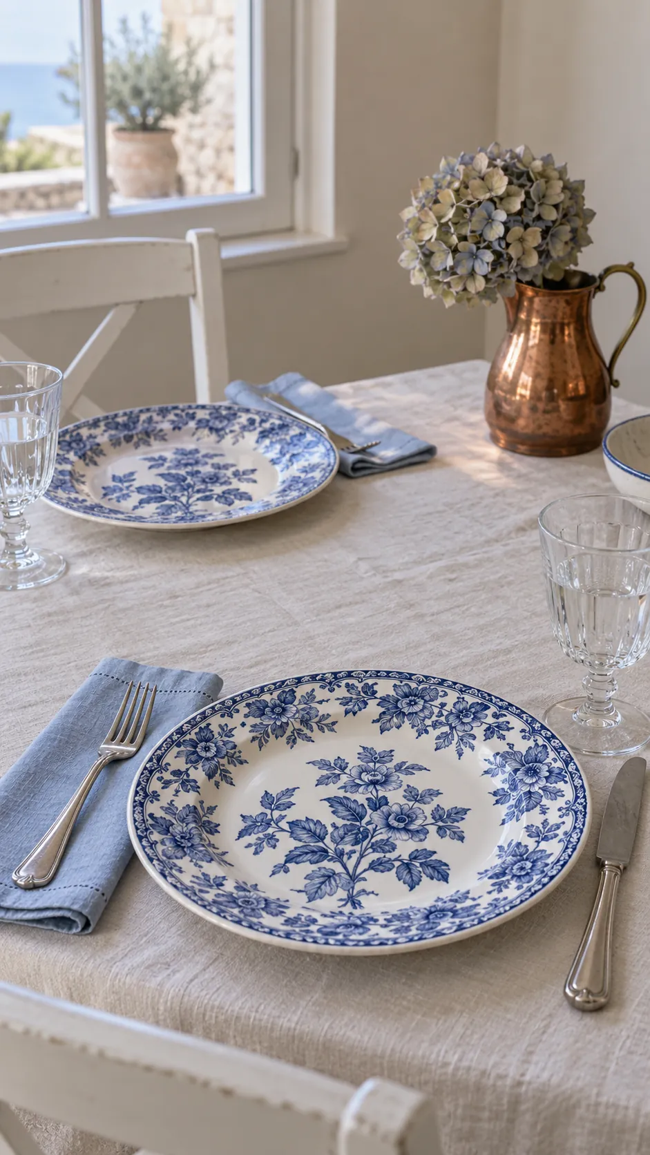 Thanksgiving tablescape featuring blue transferware with copper accents