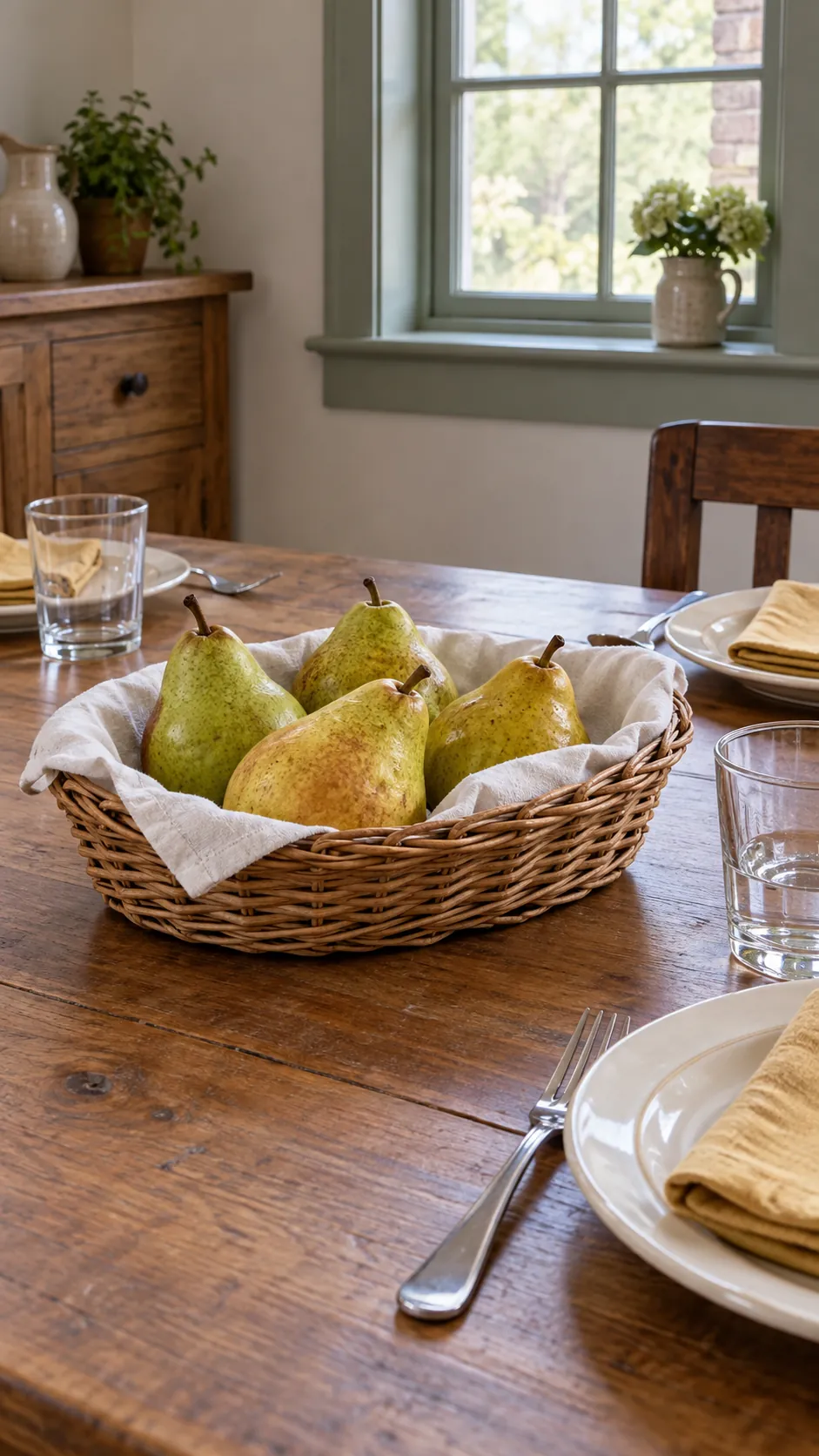 Thanksgiving tablescape featuring pears in a low basket