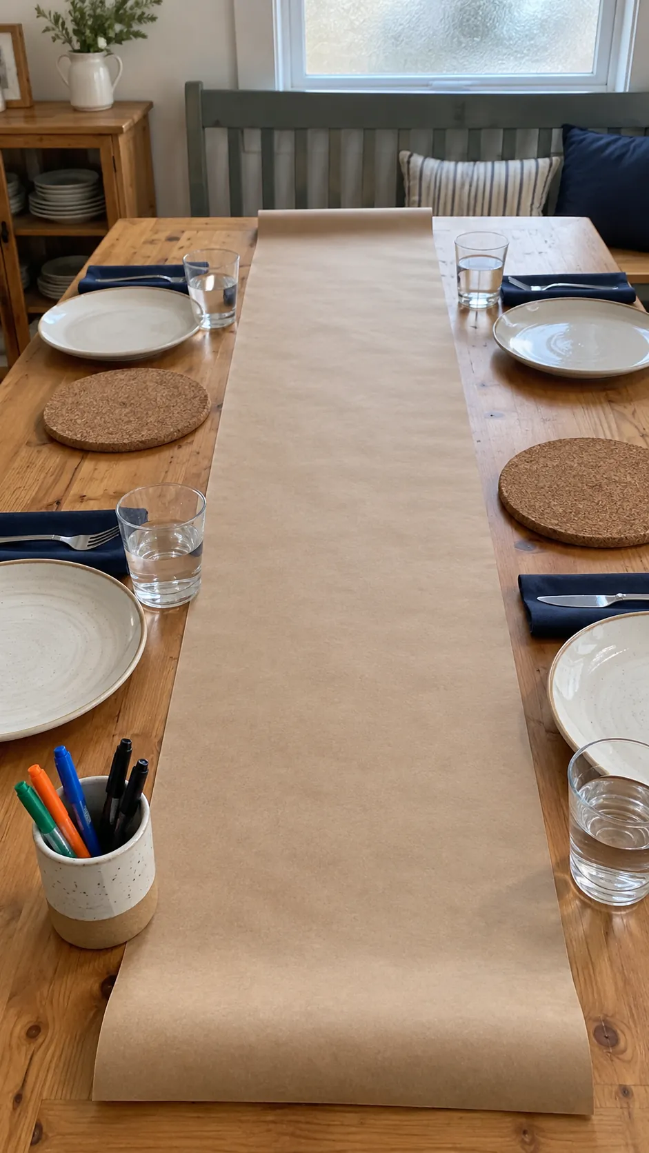 Thanksgiving tablescape featuring a paper runner for shared gratitude notes