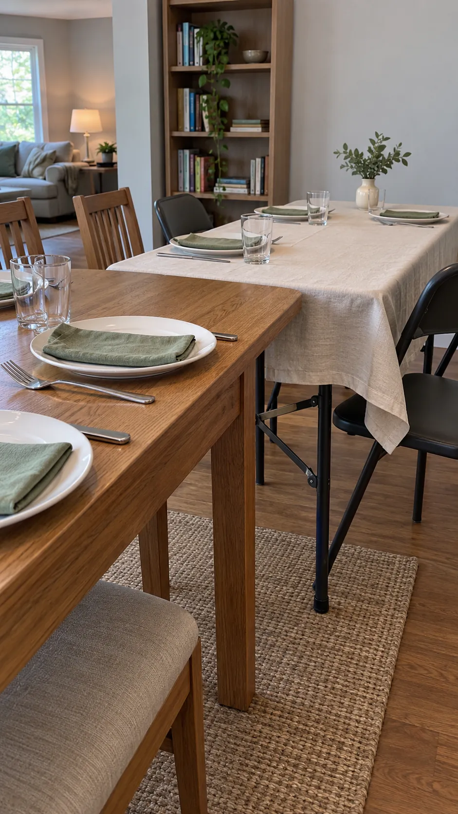 Thanksgiving tablescape featuring a folding table linked by sage napkins