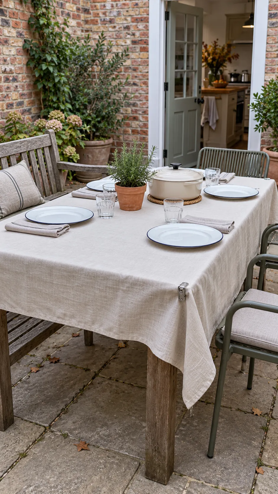 Thanksgiving tablescape featuring a courtyard lunch with weighted linen