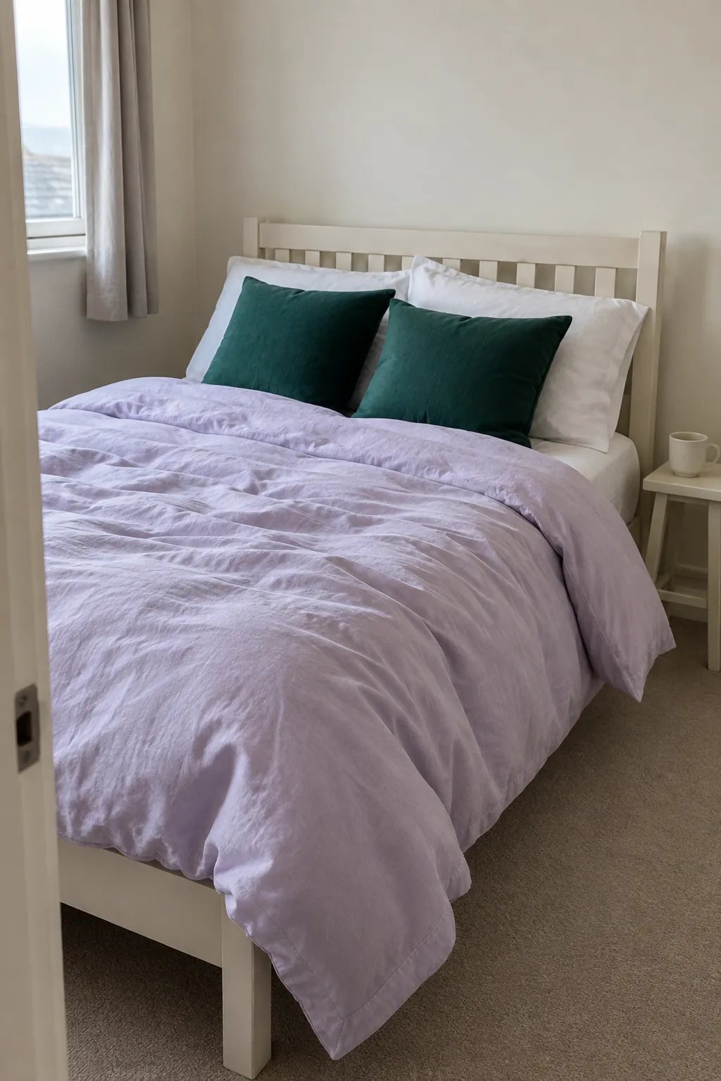 Pale lilac bedding with two emerald cushions in a simple cream bedroom